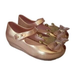 Mini Melissa Princess Crown Shoes Mary Jane Pearly Gold Sz 9 toddler Peep Toe